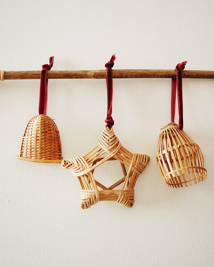 Bell & Star Rattan Christmas Ornament - Set of 3