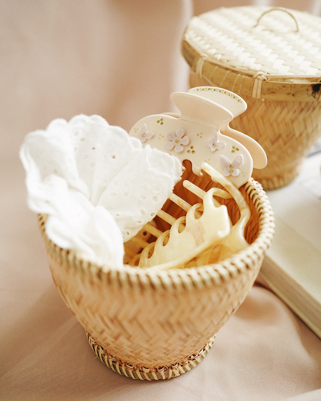 Cloud Bamboo Storage Box used to store jewelry and small items on a dresser, enhancing the room's décor.